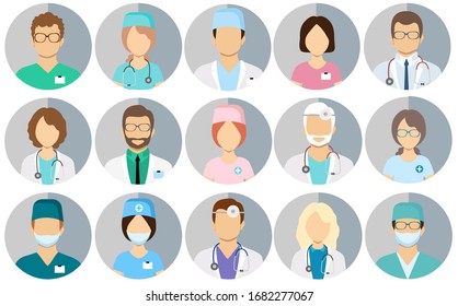 Avatar doctors. Medical staff - set of icons with doctors, surgeons, nurses and other medical practitioners.