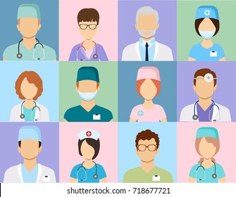 Avatar doctors. Medical staff - set of icons with doctors, surgeons, nurses and other medical practitioners.