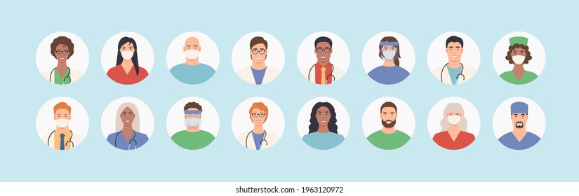 Avatar of doctors, nurses, paramedics and hospital staff isolated on white background. Medicine set of portraits of male and female medic workers in uniform with stethoscopes, masks and gloves