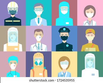 Avatar doctors, policemen, couriers, salesman's, pharmacists, rescuers. Medical staff - set of icons with doctors, surgeons, nurses and other medical practitioners and other workers fighting Covid-19