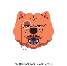 Avatar of dog, puppy in Halloween party suit with monocle, mustache. Cute portrait of Chow-Chow with happy muzzle in carnival costume of gentleman of 19th. Flat isolated vector illustration on white