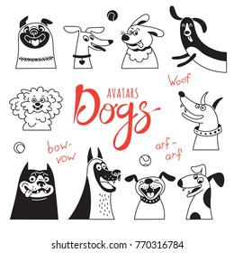 Avatar dogs. Funny lap-dog, happy pug, cheerful mongrels and other breeds. Vector illustration.