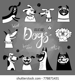 Avatar dogs. Funny lap-dog, happy pug, cheerful mongrels and other breeds. Vector illustration.