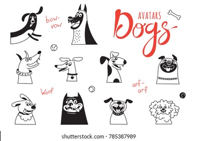 Avatar dogs. Funny lap-dog, happy pug, cheerful mongrels and other breeds. Vector illustration.