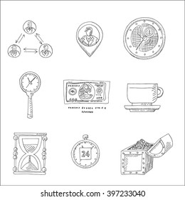Avatar, dollar, marker,  treasure chest, timer, coffee cup or mug and hourglass hand gesture drawings, in sketch hand drawn style, for  business, money, marketing and finance design