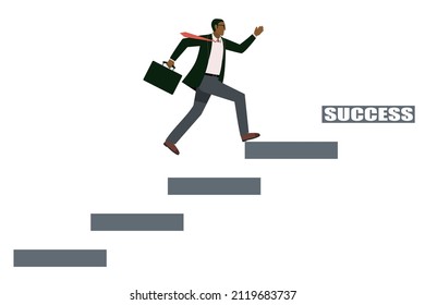 Avatar of an eight-life black male businessman who hurries up the running stairs. Success stairs, infographics, career advancement, white background