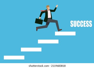 Avatar of an eight-life Caucasian male businessman who hurries up the running stairs. Success stairs, infographics, career advancement