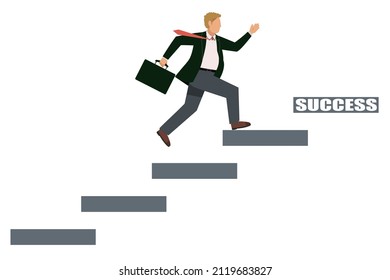 Avatar of an eight-life Caucasian male businessman who hurries up the running stairs. Success stairs, infographics, career advancement, white background