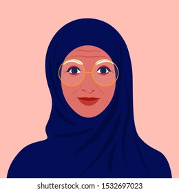 Avatar of an elderly Arab woman. Muslim woman in a headscarf. Portrait of a kind grandmother with glasses. Vector flat illustration