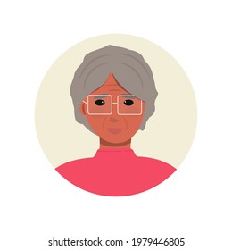 avatar is an elderly gray-haired African-American woman with glasses. An adult woman, a little dog. Cute character for social advertising. Profile for chatbot, forum, support. Vector illustration