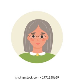 avatar elderly gray-haired woman wearing glasses cartoon style. Character cute grandmother image for chat, forum, advertising, social services to help retirees. Vector illustration, flat