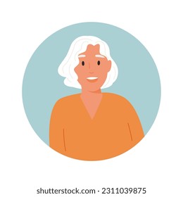Avatar of an elderly woman. Smiling elderly woman with gray hair. Vector illustration of people characters. Cartoon minimalist style.