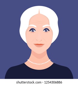 Avatar of an elegant elderly lady. Female portrait. Face grandmother. Vector flat illustration