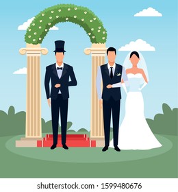 avatar elegant man with bride and groom standing over floral arch and landscape background, colorful design, vector illustration