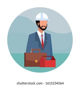 Avatar enginner man with portfolio and toolsbox over colorful circle and white background, vector illustration