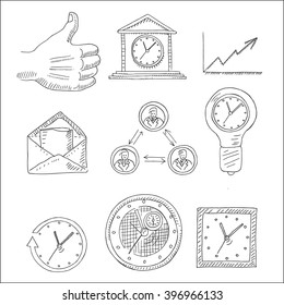 Avatar, envelope, clock, incandescent bulb,  chart diagram, treasure chest and hand gesture drawings, in sketch hand drawn style, for  business, money, marketing and finance design