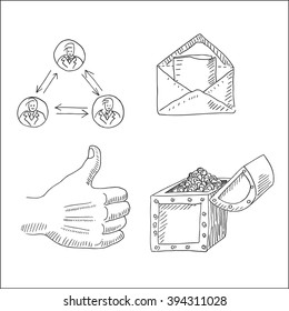 Avatar, envelope, treasure chest and hand gesture drawings, in sketch hand drawn style, for  business, money, marketing and finance design