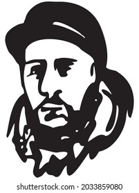 Avatar for the face of a bearded man in black clothes with a baseball cap, a fan of a modern rap singer or hip-hop music. Hand made a line art sketch, vector image
