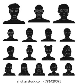 Avatar and face black icons in set collection for design. A person's appearance vector symbol stock web illustration.