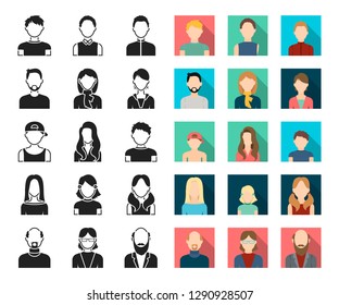 Avatar y los iconos de cara negra y plana en la colección set para el diseño. Ilustración web de material de símbolo vectorial de apariencia de una persona.