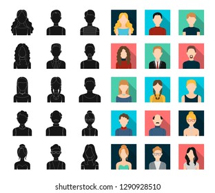 Avatar y los iconos de cara negra y plana en la colección set para el diseño. Ilustración web de material de símbolo vectorial de apariencia de una persona.