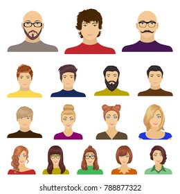 Avatar and face cartoon icons in set collection for design. A person's appearance vector symbol stock web illustration.