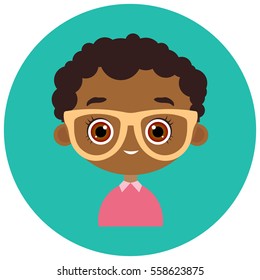 Avatar Face in circle. Portrait young african american boy with glasses. Vector illustration eps 10. Flat cartoon style.