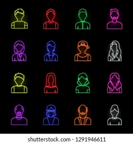 Avatar and face neon icons in set collection for design. A person's appearance vector symbol stock web illustration.
