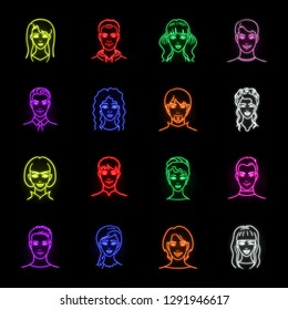 Avatar and face neon icons in set collection for design. A person's appearance vector symbol stock web illustration.