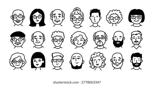 Avatar face people and profile heads head with portrait character adults. Seniors faces men and users women beard with glasses avatars doodle. User avatar diverse and community profile outline.
