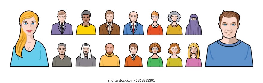 Juego de iconos de avatar y de color del vector facial. Perfil de ilustración vectorial de colección y retrato sobre fondo blanco. Icono de ilustración de color aislado conjunto de avatar y retrato para diseño web.