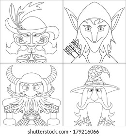 Avatar faces of fantasy brave heroes: elf, dwarf, wizard and noble cavalier, funny comic cartoon user icons, set, black contour on white background. Vector
