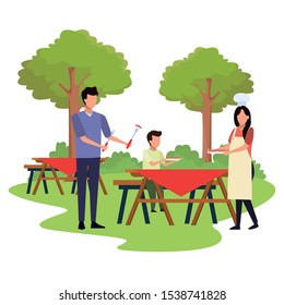 avatar family with a boy at a picnic time outdoors, colorful design , vector illustration