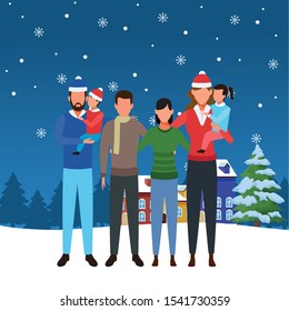 avatar family and friends wearing winter clothes over houses and pine with snow, merry christmas colorful design. vector illustration