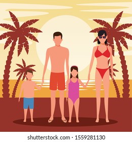 avatar family with kids wearing swimsuits at the beach, colorful design. vector illustration