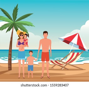 avatar family and kids wearing swimsuits at the beach, colorful design. vector illustration