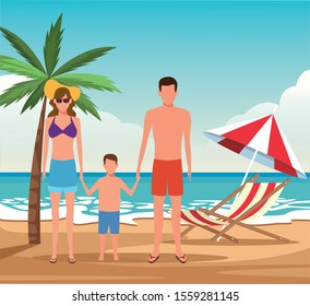 avatar family with little boy at the beach, colorful design. vector illustration