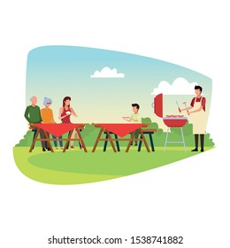 avatar family and little boy enjoying a picnic time outdoor over white background,vector illustration