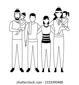 avatar family with little kids and friends over white background, black and white design. vector illustration