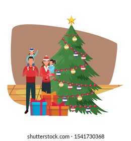 avatar family with little kids next to christmas tree and gift boxes over white background, colorful design. vector illustration