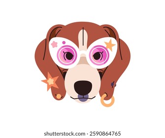 Avatar of fashion dog in stylish sunglasses. Portrait of happy puppy in trendy glasses. Cute muzzle of beagle with eyeglasses, jewelry. Funny face of pup. Flat isolated vector illustration on white