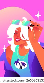 Avatar of fashion girl with stylish sunglasses. Portrait of beautiful young woman with trendy sun glasses, jewelry. Happy person with modern summer accessory is smiling. Flat vector illustration