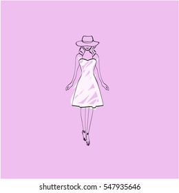 Avatar of fashion model in hat and white dress on pink  background, vector, illustration