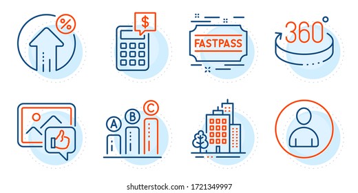 Avatar, Fastpass and Graph chart signs. Loan percent, Calculator and Buildings line icons set. 360 degrees, Like photo symbols. Growth rate, Money management. Business set. Outline icons set. Vector