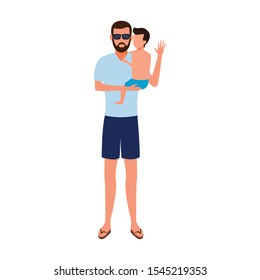 avatar father holding his son in his arms wearing beach clothes and sunglasses over white background, vector illustration