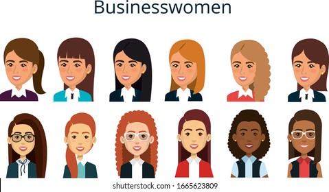 Avatar female character in flat design. Business girls. Vector. People icons isolated on white background. Set office workers. Cartoon illustration.