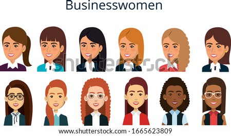 Avatar female character in flat design. Business girls. Vector. People icons isolated on white background. Set office workers. Cartoon illustration.