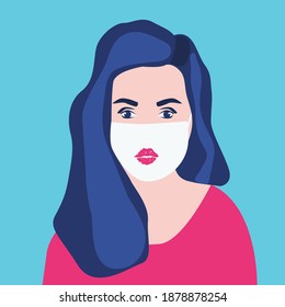 Avatar female portrait of Beautiful woman wears medical mask. Epidemic disease concept. Protective resperatory mask with with print of red lips.  