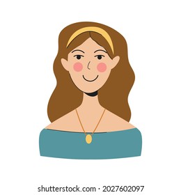 Avatar in flat cartoon style with smiling. Girl with brown hair. Vector illustration.