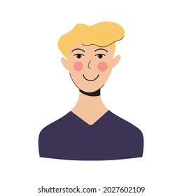 Avatar in flat cartoon style with smiling. The guy is blond. Vector illustration.